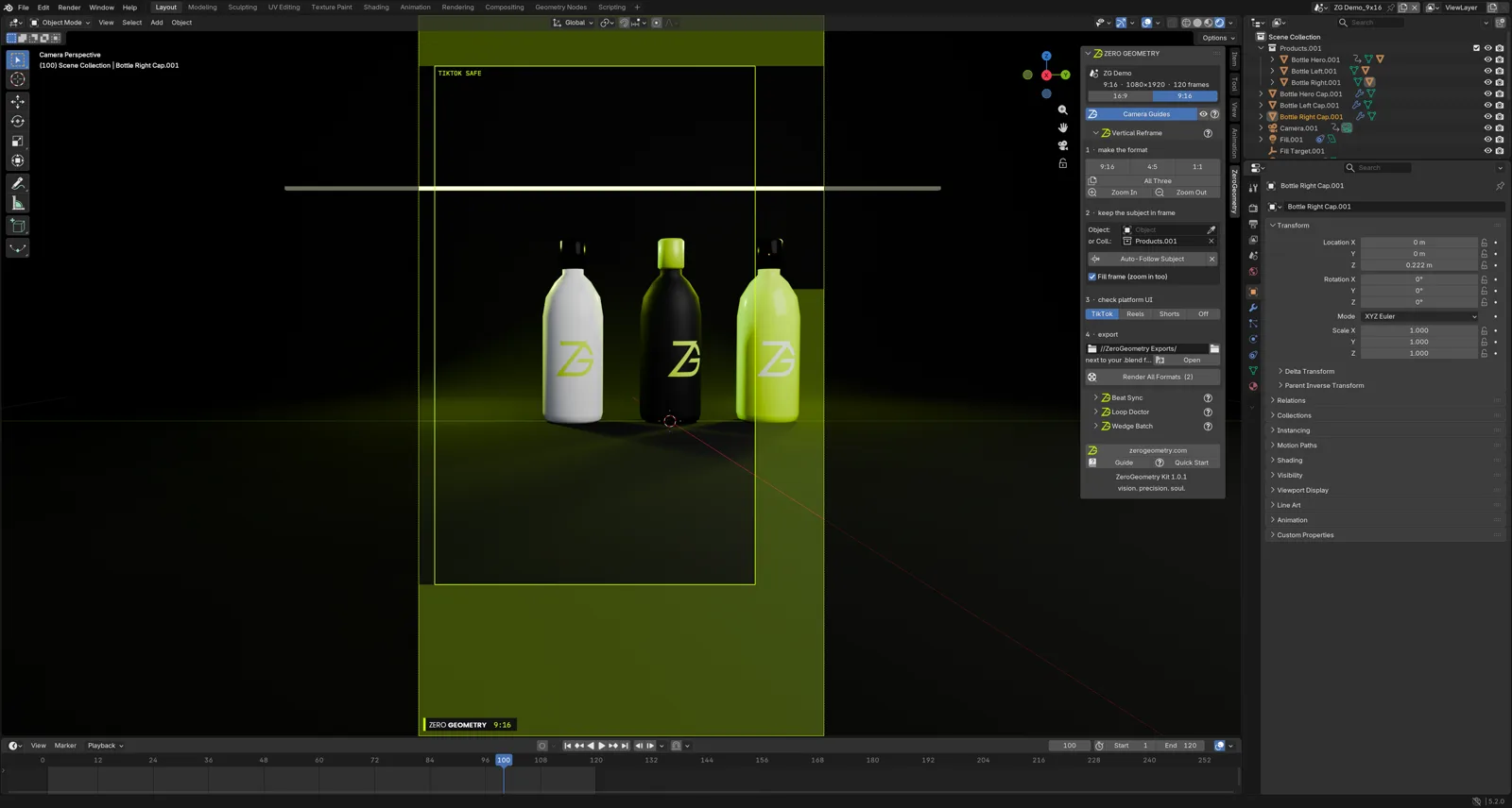 The same shot reframed to a 9:16 vertical camera, with the TikTok safe-area overlay showing where captions and buttons will sit.