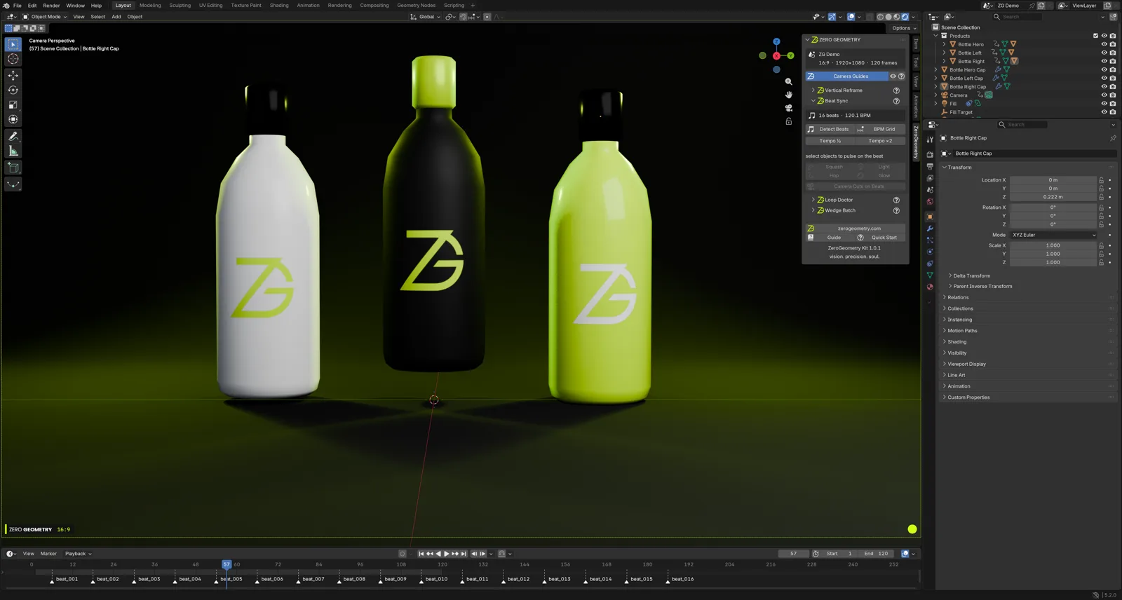The Beat Sync panel in Blender with detected beat markers along the timeline and a sound strip loaded.