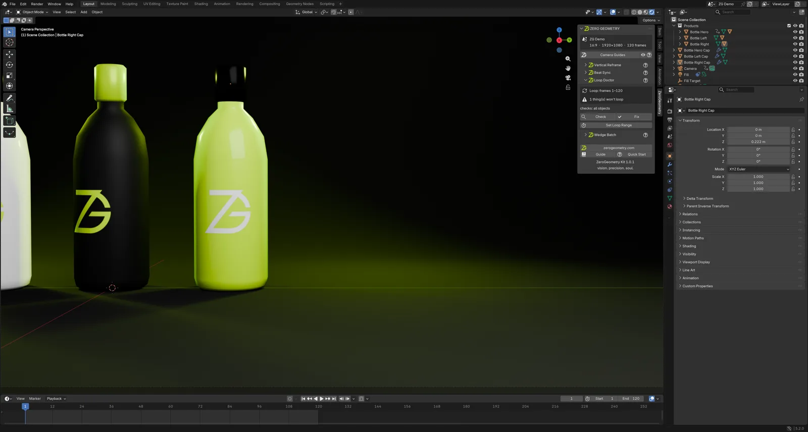 The Loop Doctor panel in Blender listing animation curves that do not return to their starting value.