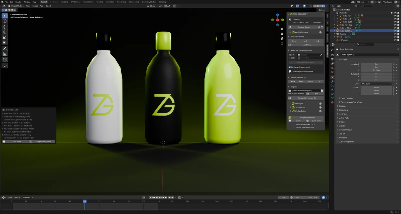 The ZG Social Video Kit sidebar in Blender showing the quick-start help popup that every section provides.