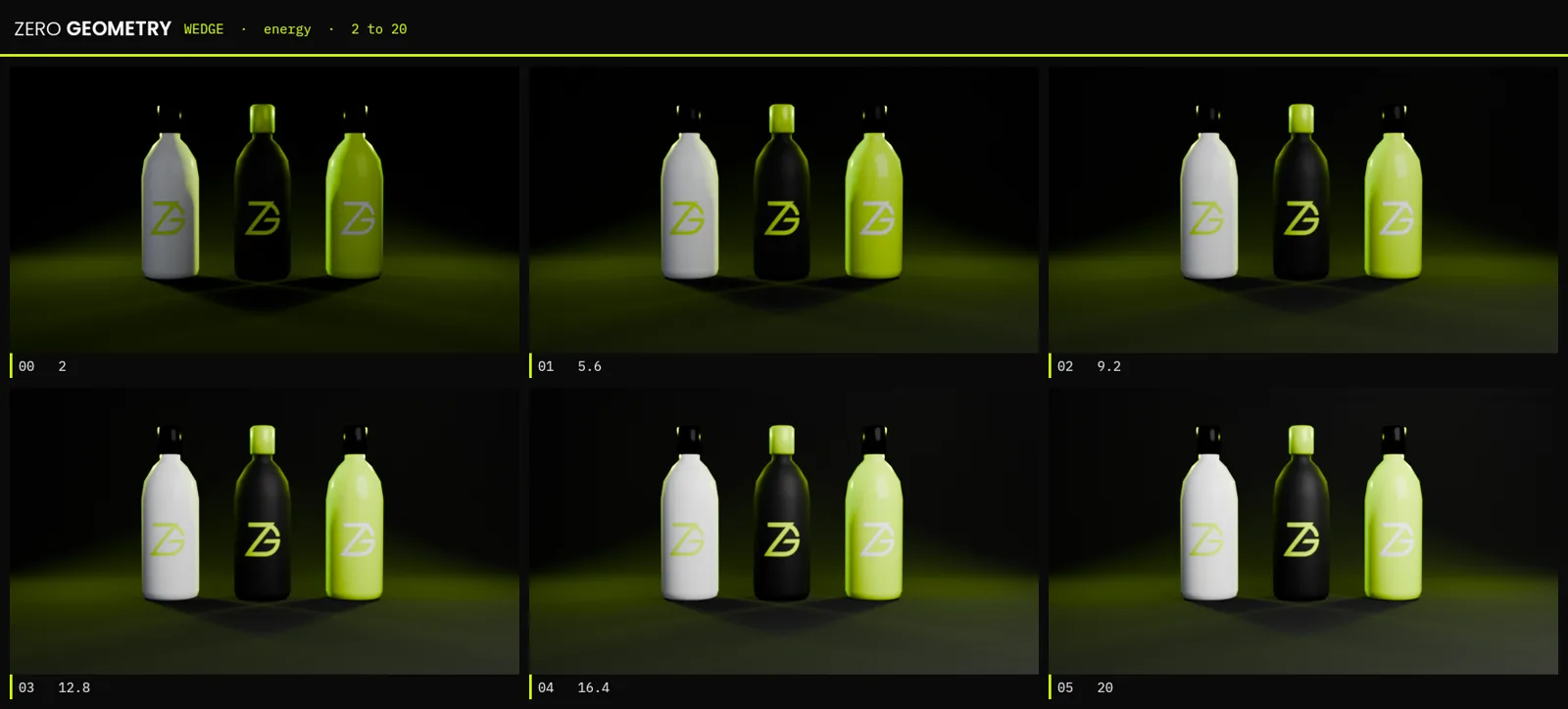 A labelled contact sheet produced by Wedge Batch, showing one render per value of the swept property.